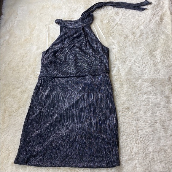 Halston Heritage Metallic Knit Halter Tie Back Dress Black Silver 12 - Picture 5 of 12